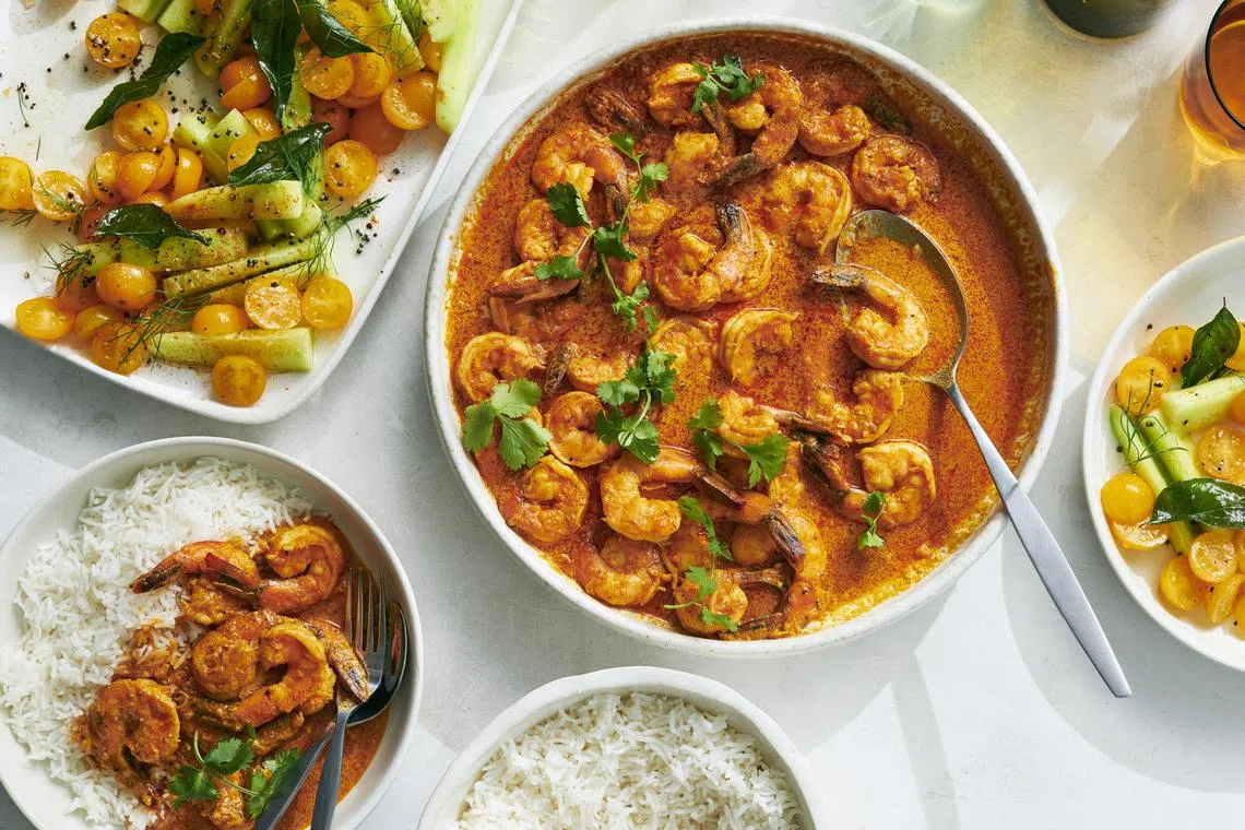 An adapted take on Madhur Jaffrey's Goan Shrimp Curry (top right). This easy-to-prepare dish is perfect for novice cooks. 