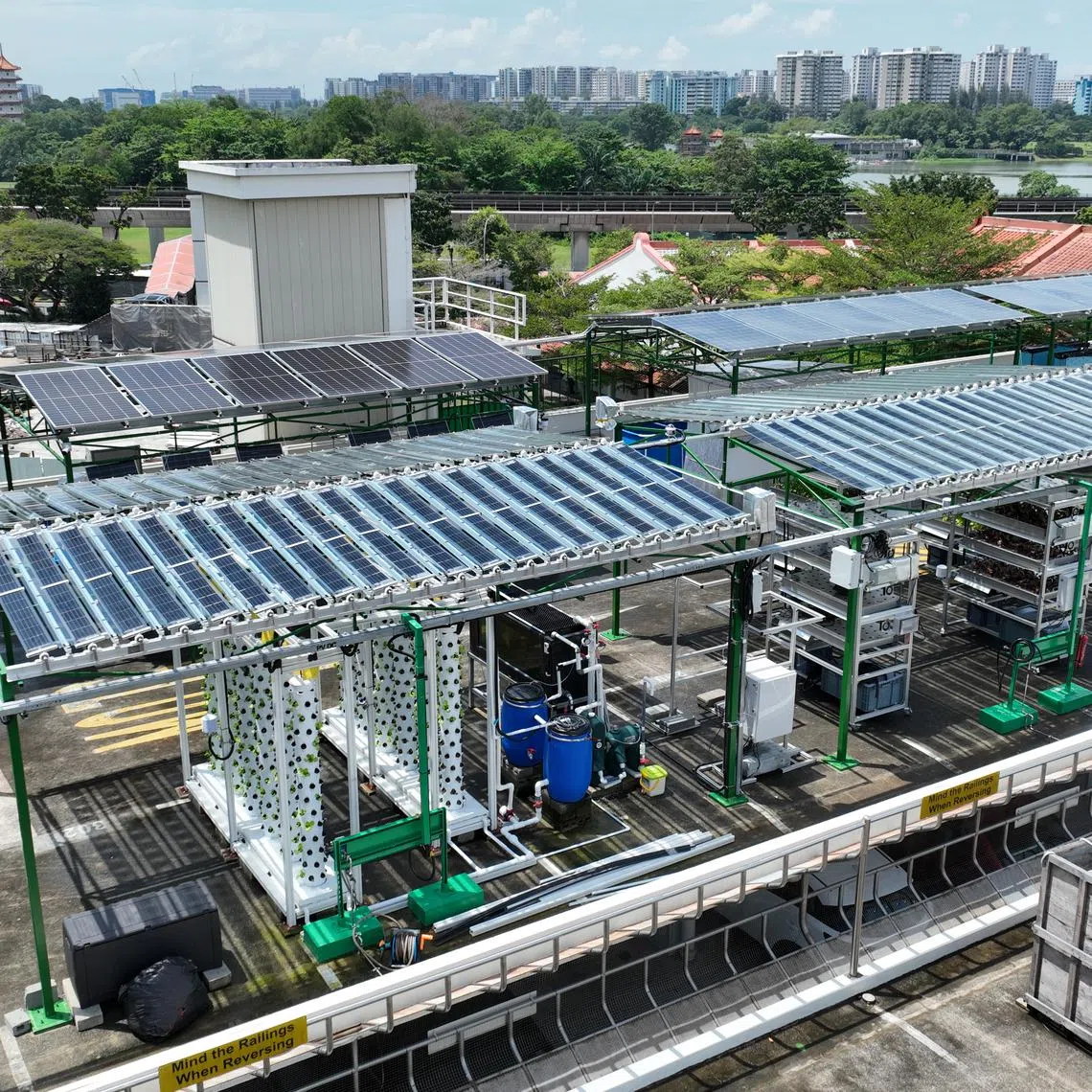 The Yuhua Agritech Solar Living Lab will run for three years, allowing the projects to pilot their solutions. In the foreground are the projects by NUS Solar Energy Research Institute of Singapore, with its rotating solar panels. 