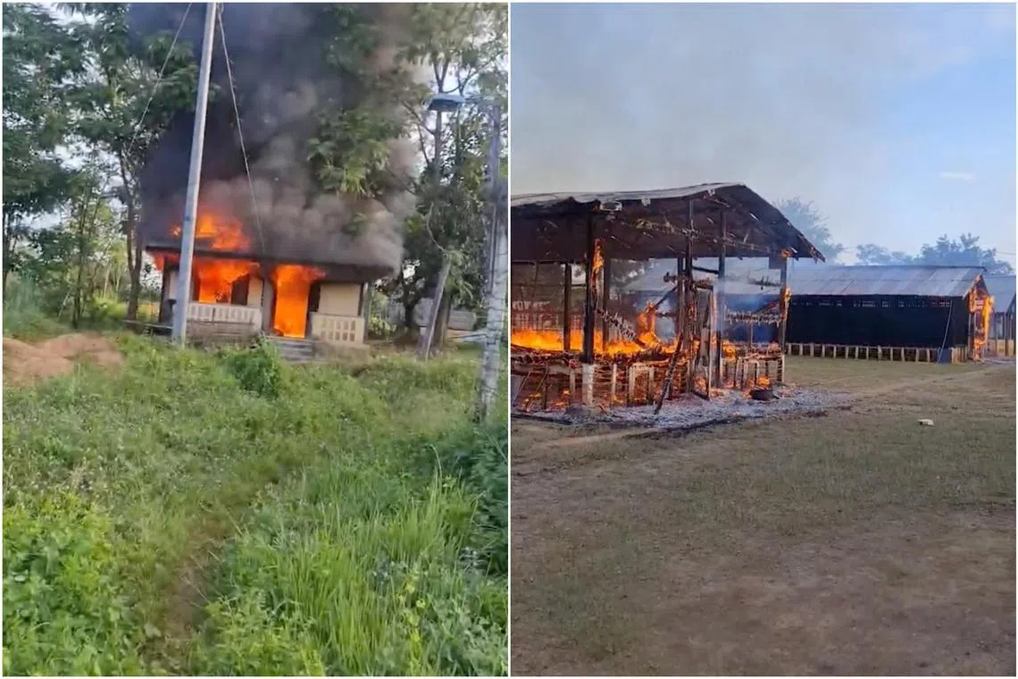 Burning buildings in a military outpost seized by Myanmar's opposition group National Unity Government in Kalay, Myanmar. 