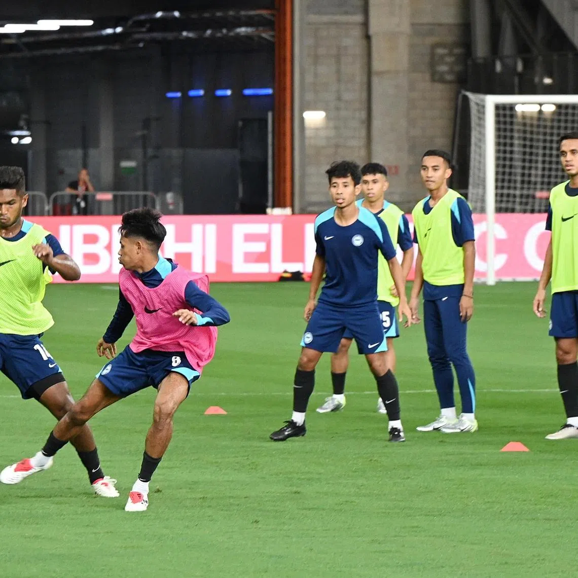 Singapore captain Hariss Harun (far left) showing the way during training on Dec 10, the eve of the Lions' Asean Championship opener against Cambodia.