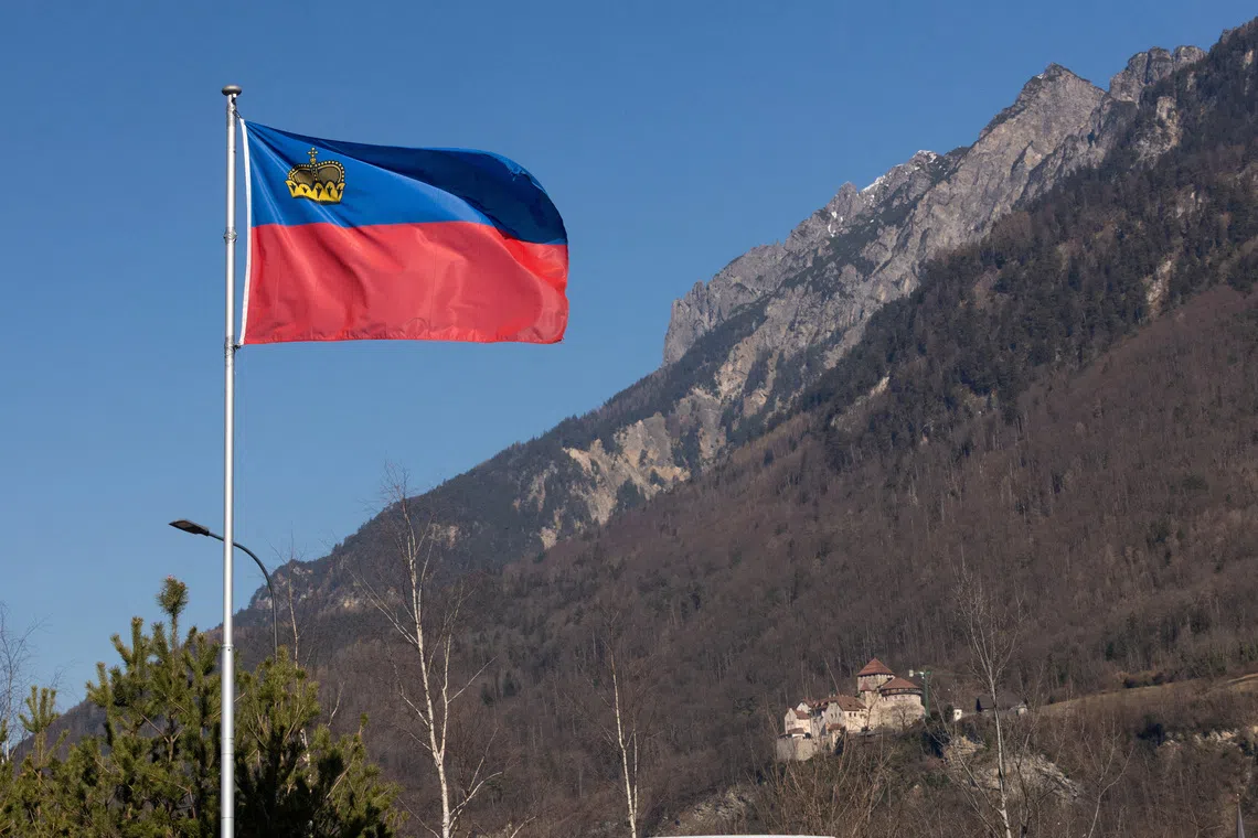 A flag of Liechtenstein flutters in front of the Vaduz Castle near Vaduz, Liechtenstein, March 3, 2025. REUTERS/Denis Balibouse