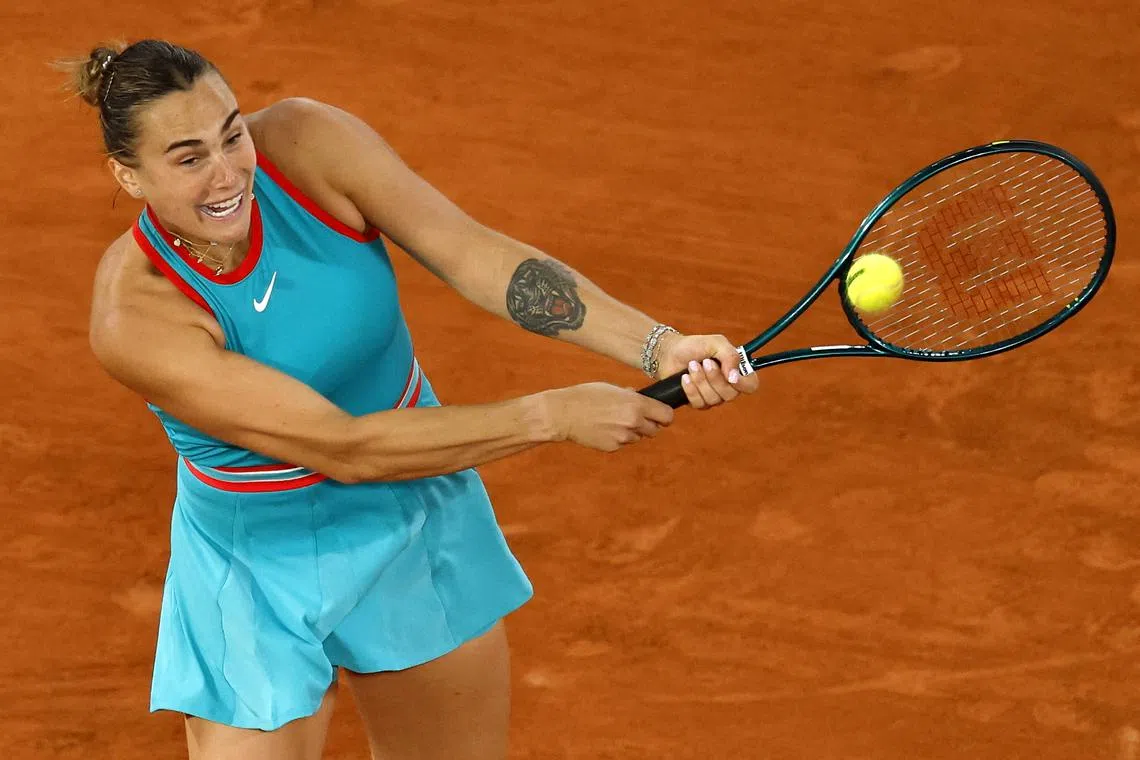 FILE PHOTO: Tennis - French Open - Roland Garros, Paris, France - June 5, 2025 Belarus' Aryna Sabalenka in action during her semi final match against Poland's Iga Swiatek REUTERS/Stephanie Lecocq/File Photo