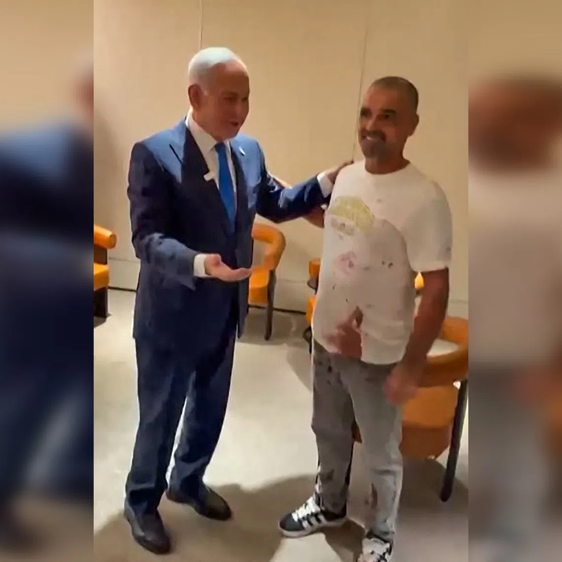 Israeli Prime Minister Benjamin Netanyahu (left) meeting a man named Yaniv - said to be one of the passengers who broke into the  flydubai aircraft’s cockpit after the pilot was stabbed.
