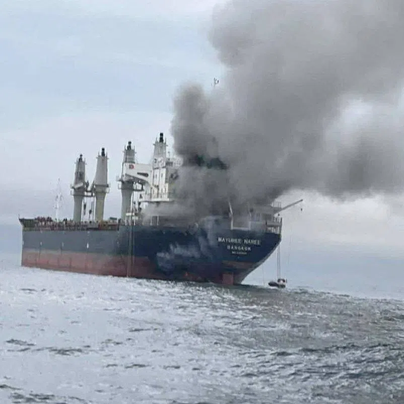 The Thailand-flagged cargo ship Mayuree Naree engulfed in black smoke in the Strait of Hormuz, March 11, 2026. ROYAL THAI NAVY/Handout via REUTERS