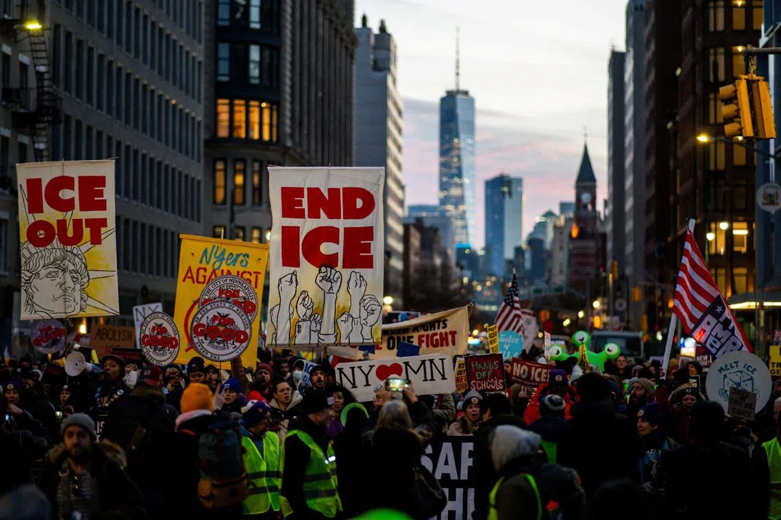 FILE PHOTO: People take part in a protest in solidarity with Minneapolis and against U.S. President Donald Trump and U.S. Immigration and Customs Enforcement (ICE), in New York City, U.S., January 23, 2026. REUTERS/Eduardo Munoz/File Photo