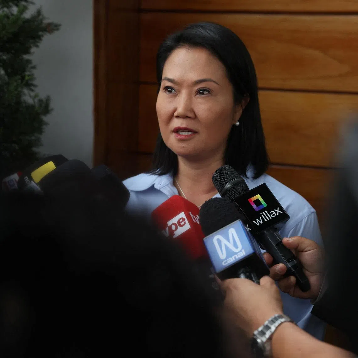 Conservative presidential candidate Keiko Fujimori addresses the media as the presidential count enters a third day as left-wing candidate Roberto Sanchez has taken a slim lead against Fujimori, in Lima, Peru, June 9, 2026. REUTERS/Alessandro Cinque