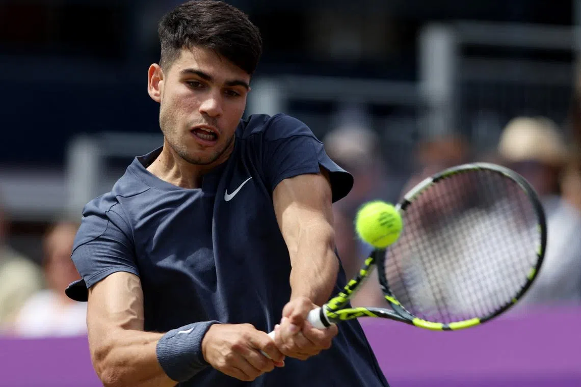 FILE PHOTO: Tennis - Queen's Club Championships - The Queen's Club, London, Britain - June 20, 2024 Spain's Carlos Alcaraz in action during his round of 16 match against Britain's Jack Draper Action Images via Reuters/Paul Childs/File Photo