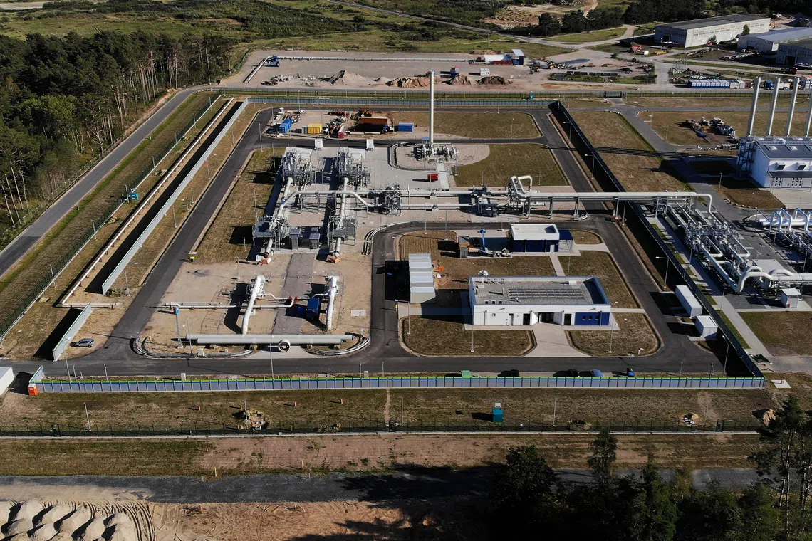 FILE PHOTO: The two onshore pipe exits of the Baltic Sea pipeline Nord Stream 2 are pictured at the landfall facility in Lubmin, Germany, September 10, 2020. Picture taken with a drone.  REUTERS/Hannibal Hanschke/File Photo
