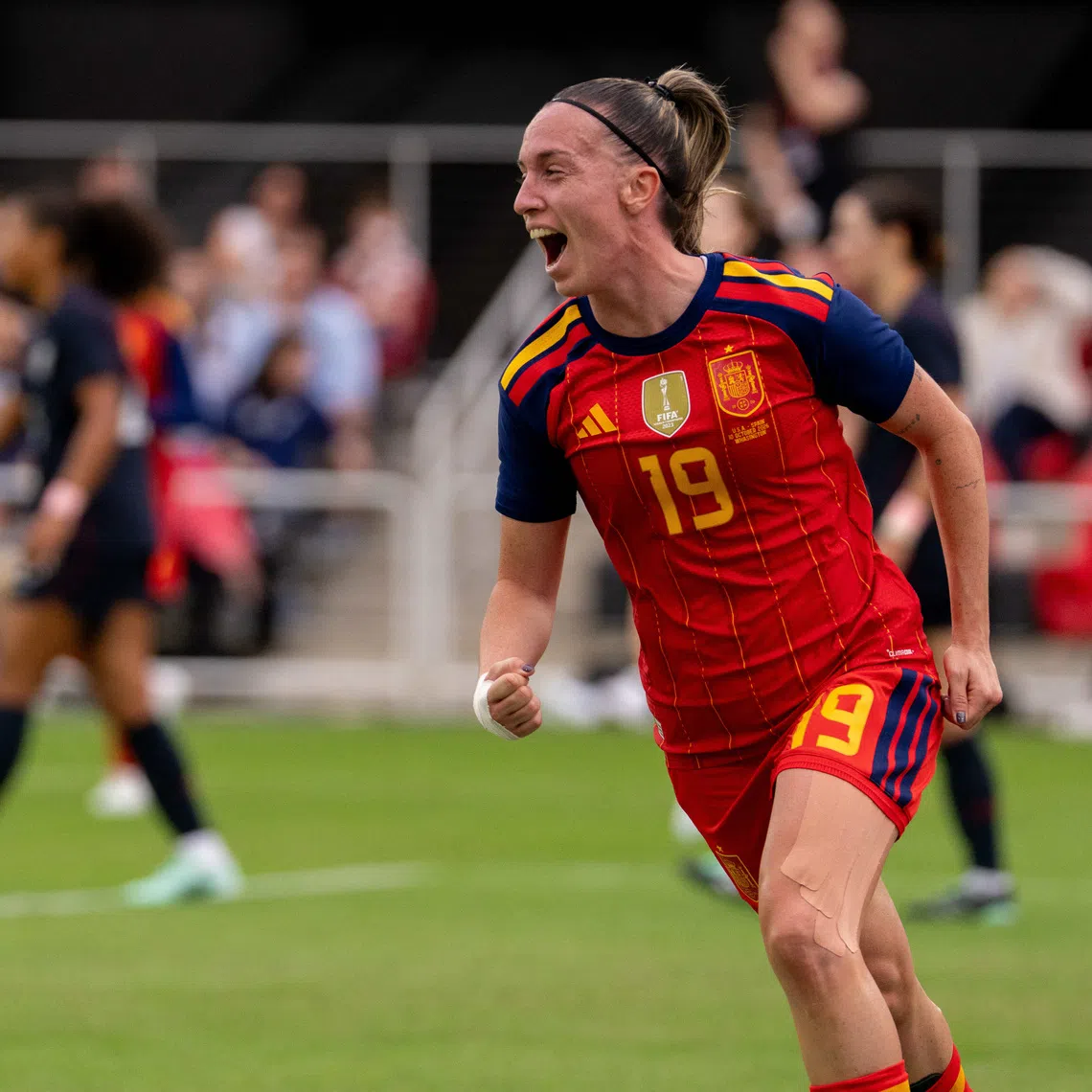 Oct 10, 2026; Washington, District of Columbia, USA;  Spain forward Eva Navarro (19) celebrates a goal in the first half against the United States at Audi Field.  Mandatory Credit: Jamie LeBlanc-Imagn Images