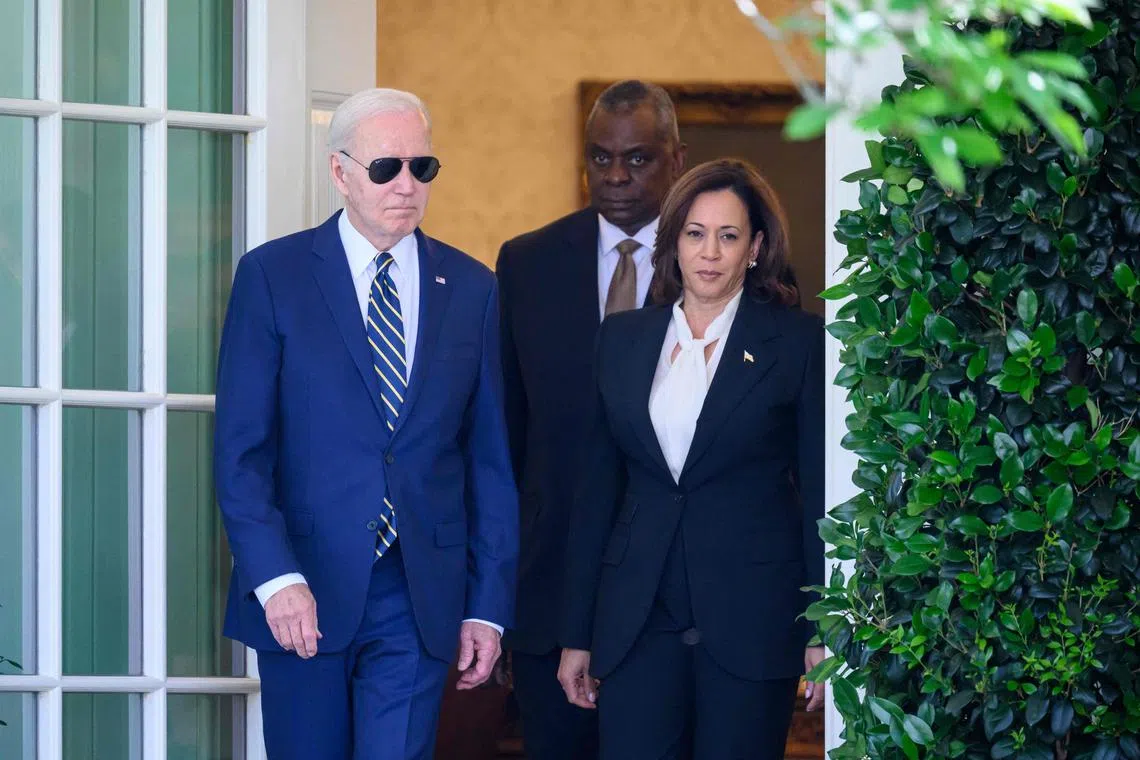 US President Joe Biden (front left) will visit India from Sept 7-10 for the G-20 summit, while Vice-President Kamala Harris (front right) will travel to Jakarta Sept 4-7 for Asean's summit.