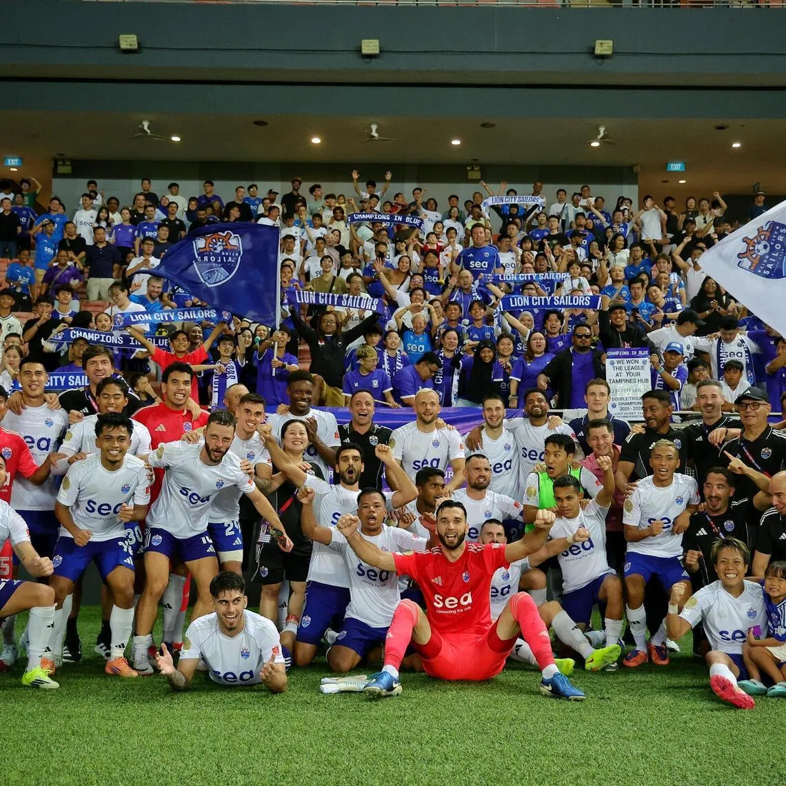 Lion City Sailors players celebrating with their fans after a 0-0 draw against BG Tampines Rovers on May 3 was enought to seal the Singapore Premier League title at Our Tampines Hub.
