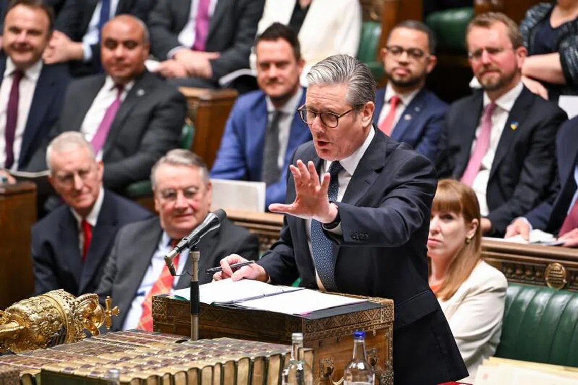 A handout photograph released by the UK Parliament shows Britain’s Prime Minister Keir Starmer speaking during the weekly session of Prime Minister’s Questions (PMQs) in the House of Commons, in London, on April 2, 2025. (Photo by House of Commons / AFP) / RESTRICTED TO EDITORIAL USE - NO USE FOR ENTERTAINMENT, SATIRICAL, ADVERTISING PURPOSES - MANDATORY CREDIT “ AFP PHOTO / HO / House of Commons”