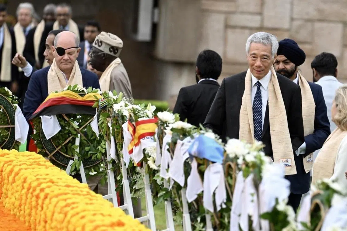 PM Lee Hsien Loong attending the wreath laying ceremony along with other G20 leaders at Rajghat, which is a memorial complex in Delhi, India. This memorial was dedicated to Mahatma Gandhi where a black marble platform was raised on the spot his cremation on 31 January 1948 and consists of an eternal flame at one end.

India is all set to host the G20 Summit in New Delhi from September 9-10. The summit will be hosted at the state-of-the-art Bharat Mandapam Convention Centre at Pragati Maidan, New Delhi.