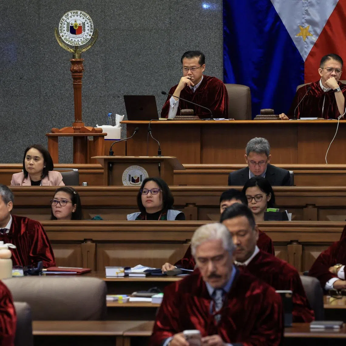 Philippine Senate President Win Gatchalian and Presiding Officer Francis Escudero listen during the impeachment trial of Philippine Vice President Sara Duterte at the Senate in Pasay City, Metro Manila, Philippines, July 20, 2026. REUTERS/Eloisa Lopez/Pool