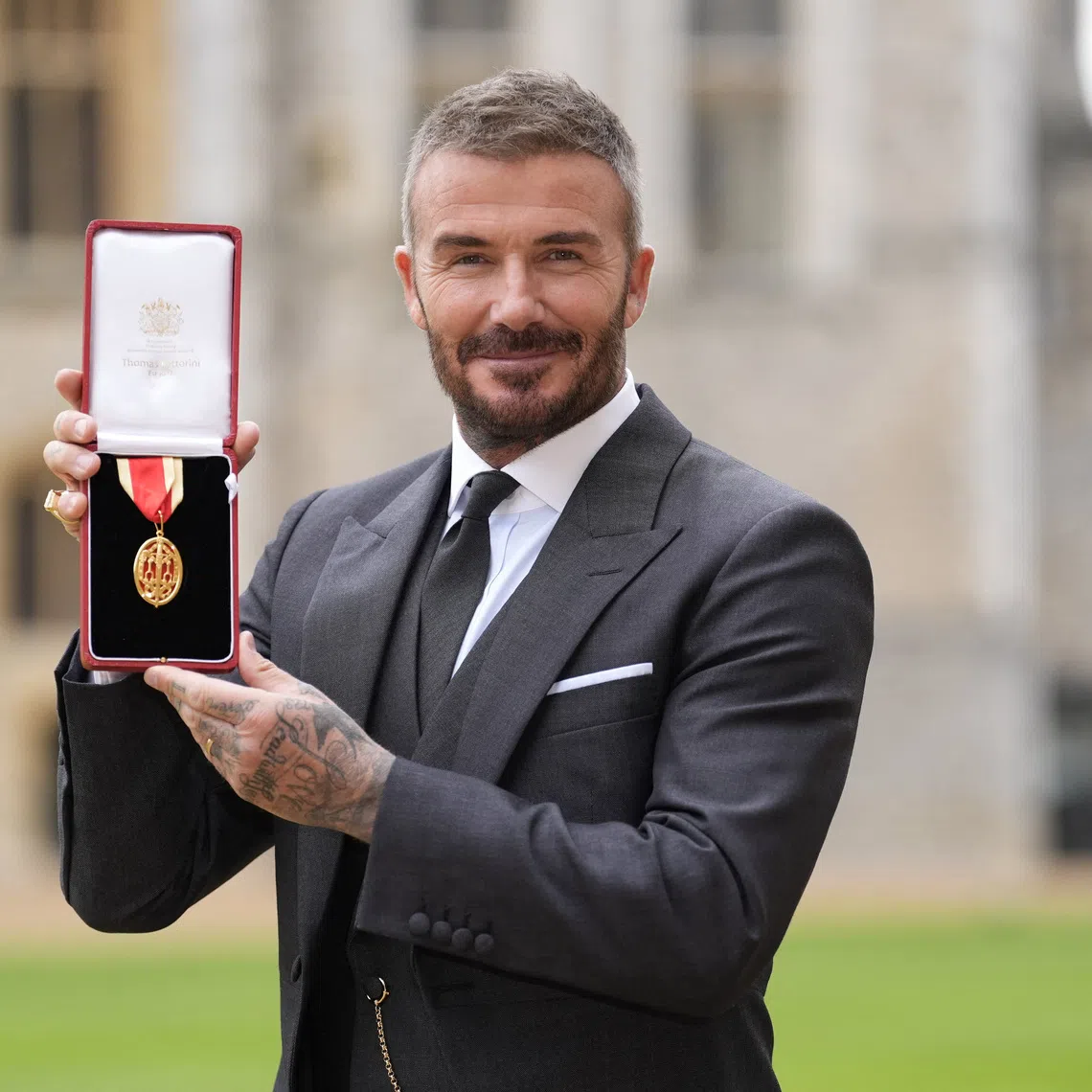 Sir David Beckham, after he was made a Knight Bachelor at an investiture ceremony at Windsor Castle, Berkshire. November 4, 2025. Andrew Matthews/Pool via REUTERS