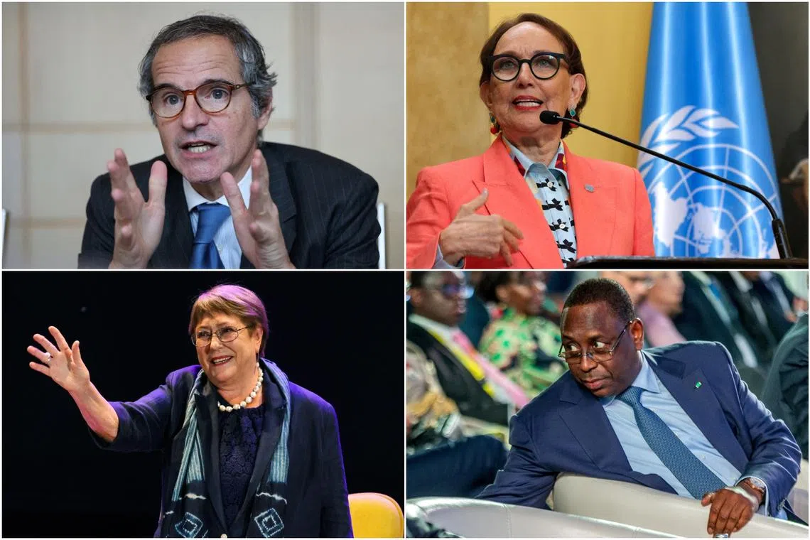 (Clockwise from top left) Dr Rafael Grossi, Ms Rebeca Grynspan, Mr Macky Sall and Ms Michelle Bachelet are in the running for the next UN secretary-general.