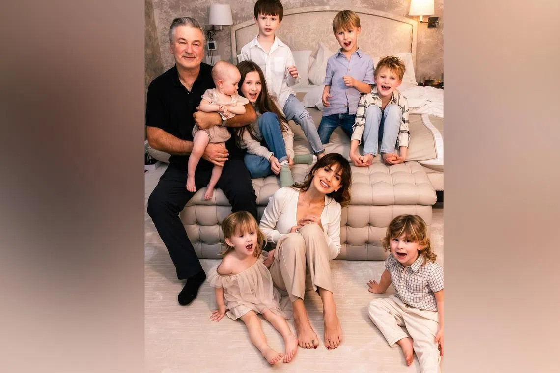 Actor Alec Baldwin (left) and his wife Hilaria Baldwin (centre) with their seven children, aged between 19 months and 10 years, in a picture from November 2023.