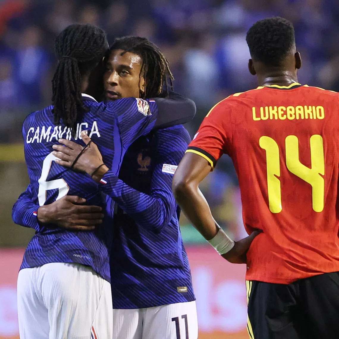 Soccer Football - UEFA Nations League - Group A1 - Belgium v France - King Baudouin Stadium, Brussels, Belgium - September 28, 2026 France's Michael Olise and Eduardo Camavinga celebrate after the match REUTERS/Omar Havana