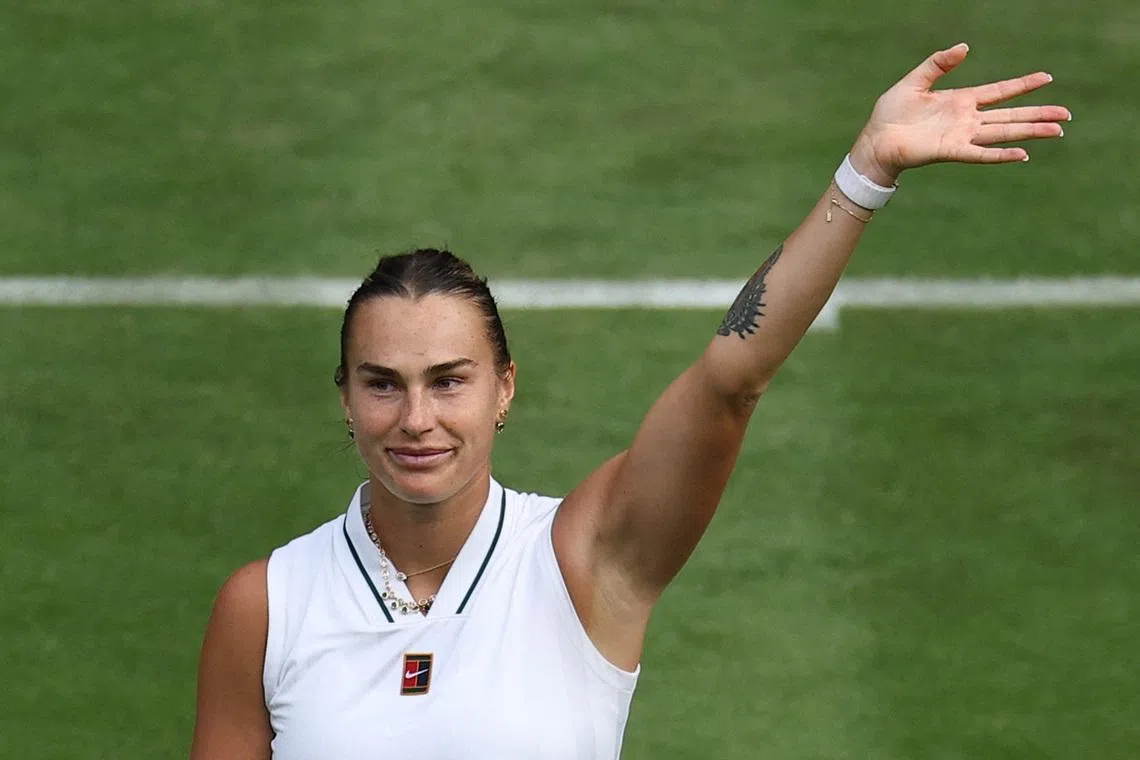 Tennis - Wimbledon - All England Lawn Tennis and Croquet Club, London, Britain - June 29, 2026 Belarus' Aryna Sabalenka celebrates winning her first round match against Serbia's Teodora Kostovic REUTERS/Toby Melville