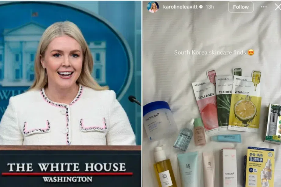 White House press secretary Karoline Leavitt posting an array of Korean skincare products on Instagram.