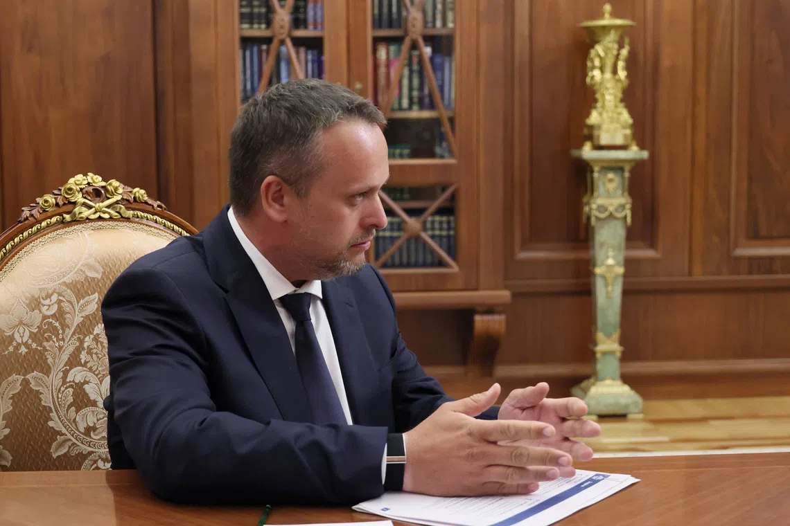 Andrei Nikitin attends a meeting with Russian President Vladimir Putin, on his appointment as acting transport minister, in Moscow, Russia July 7, 2025.  Sputnik/Mikhail Metzel/Pool via REUTERS