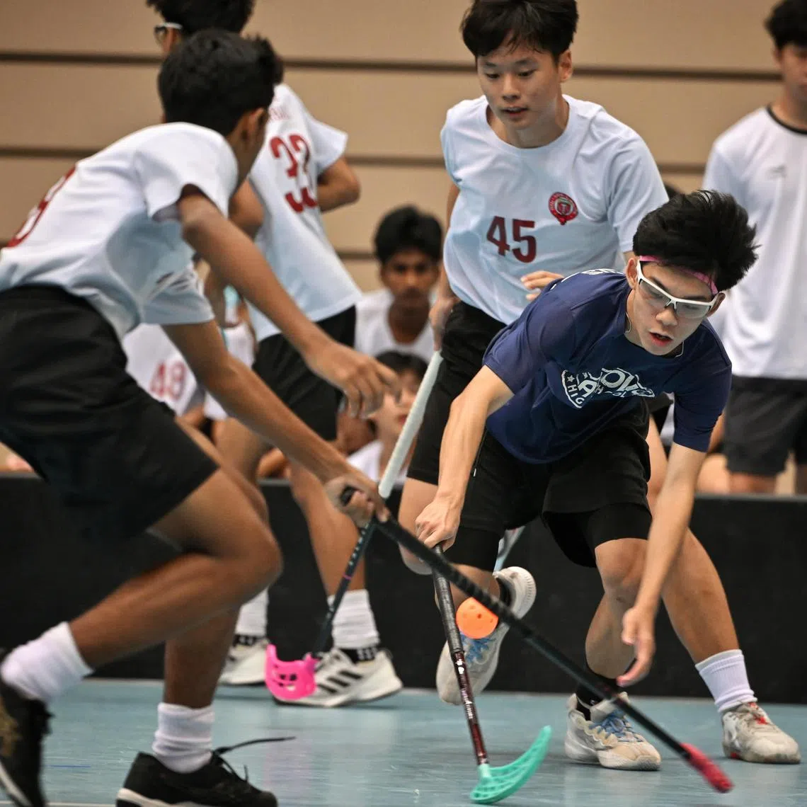 Victoria School's Vincent Hyun (No. 45) featuring in the National School Games B Division boys' floorball final against Catholic High School at Our Tampines Hub on April 15, 2025.