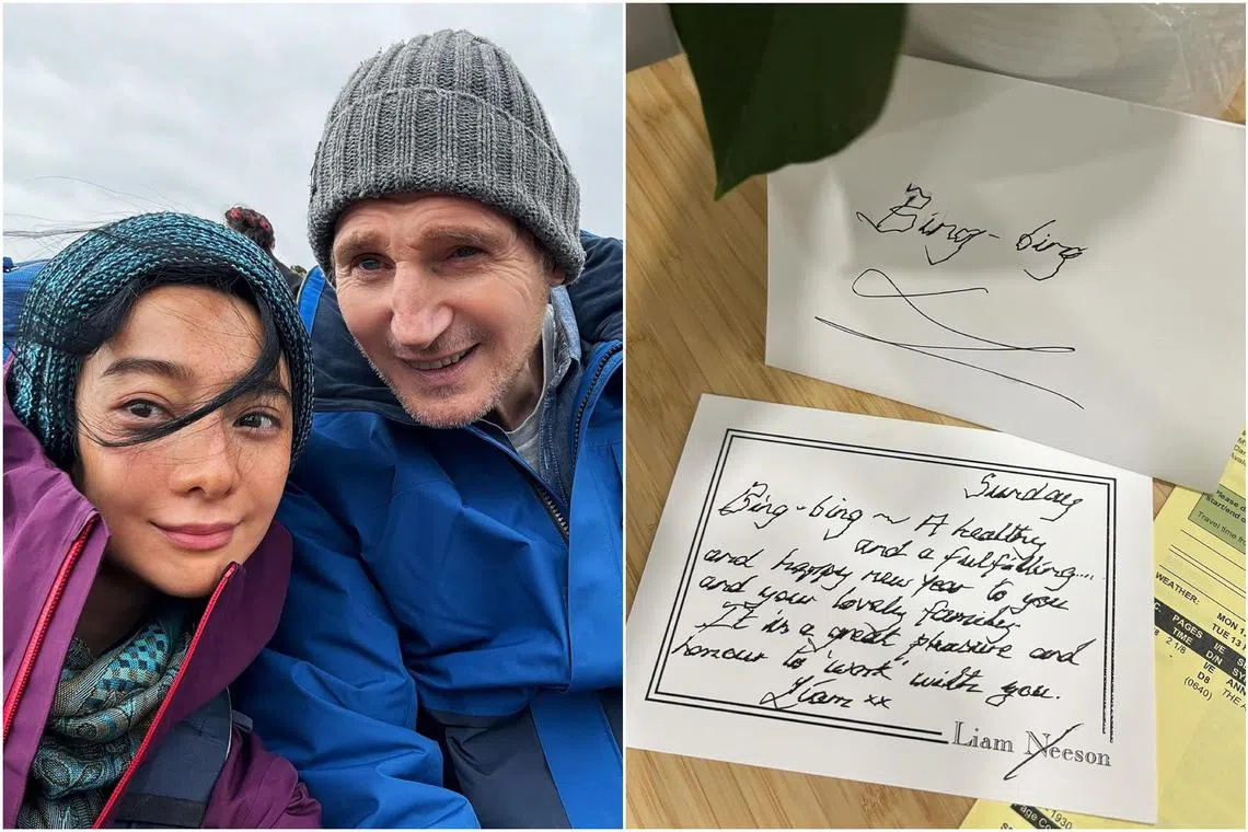 Chinese actress Fan Bingbing posted on social media a photo with Hollywood actor Liam Neeson, with both dressed in snow suits.