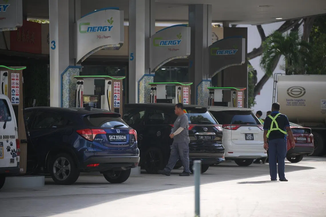 Cars at Cnergy petrol station along Dunman Road on March 17, 2026.