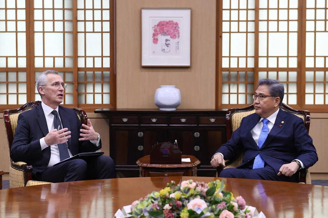 Nato Secretary-General Jens Stoltenberg talks with South Korean Foreign Minister Park Jin during their meeting at the Foreign Ministry in Seoul, South Korea on Jan 29, 2023. 