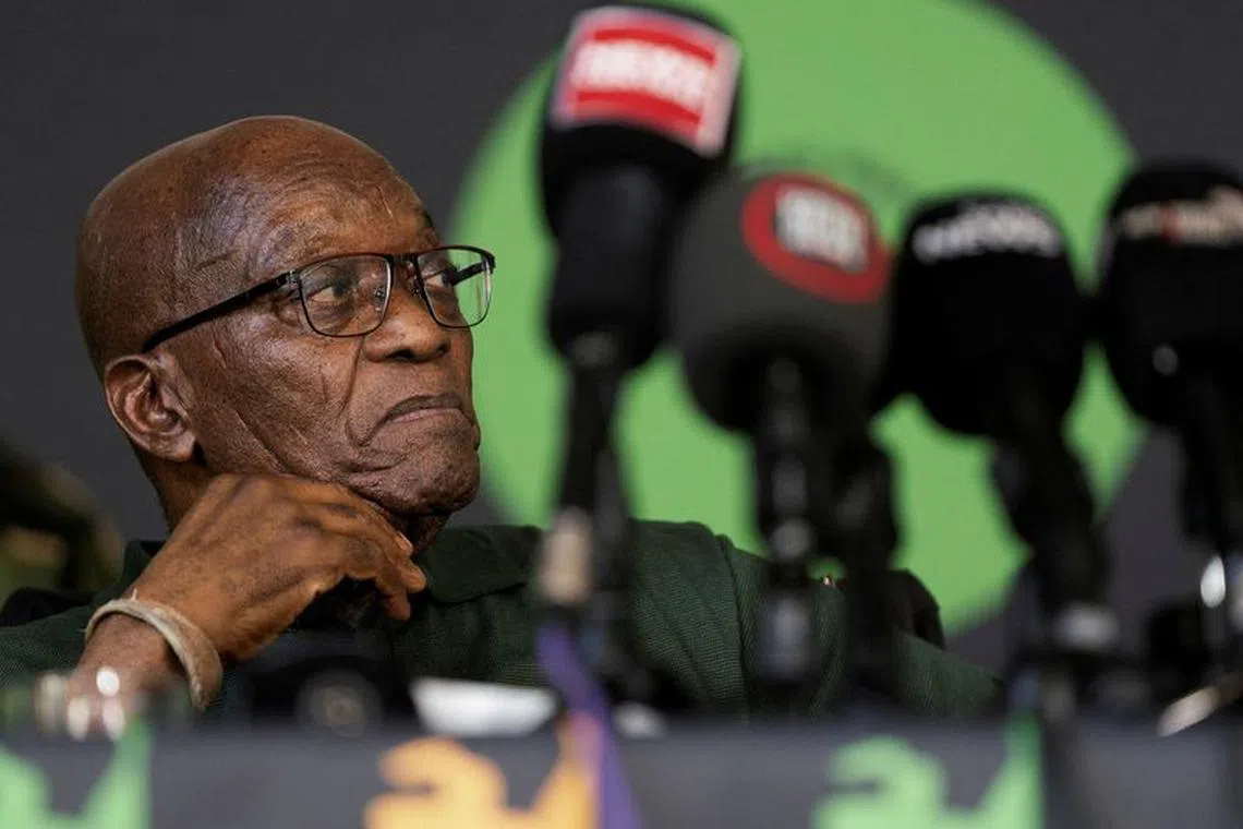FILE PHOTO: Former South African President Jacob Zuma looks on during a press conference where he speaks about his political future in Orlando East, Soweto, in Johannesburg, South Africa, December 16, 2023. REUTERS/Shiraaz Mohamed