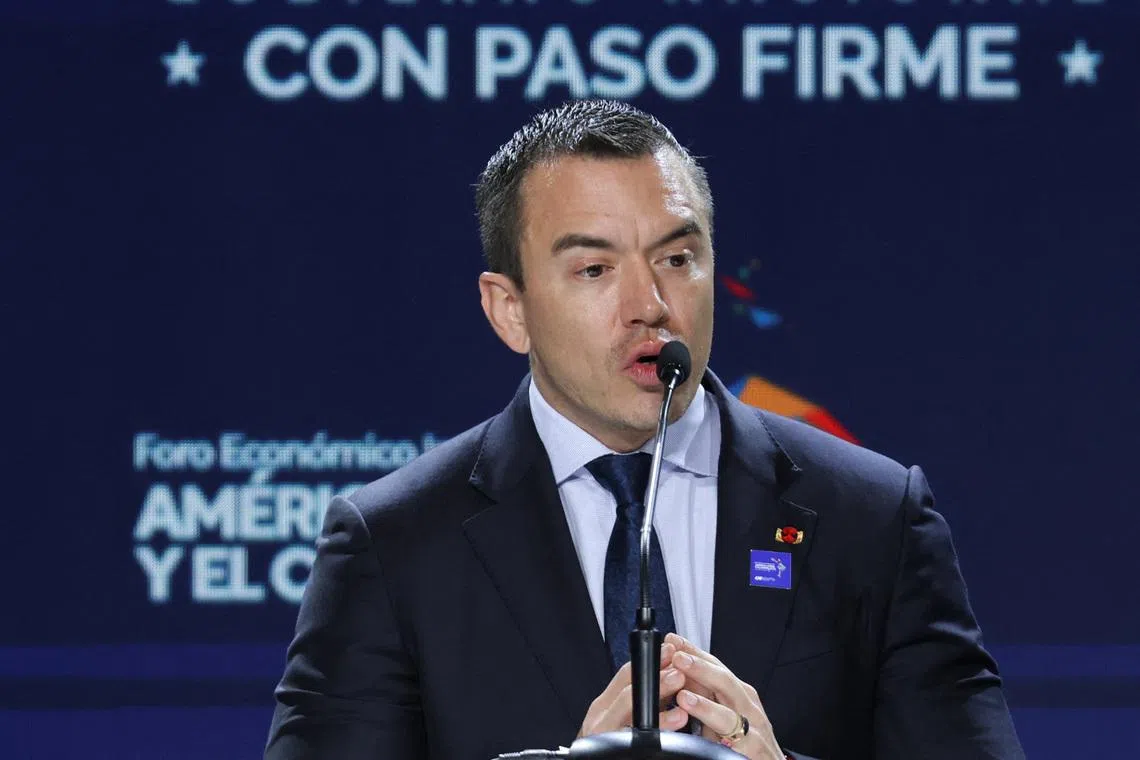 Ecuador's President Daniel Noboa delivers a speech during the International Economic Forum Latin America and the Caribbean 2026, in Panama City, Panama, January 28, 2026. REUTERS/Aris Martinez
