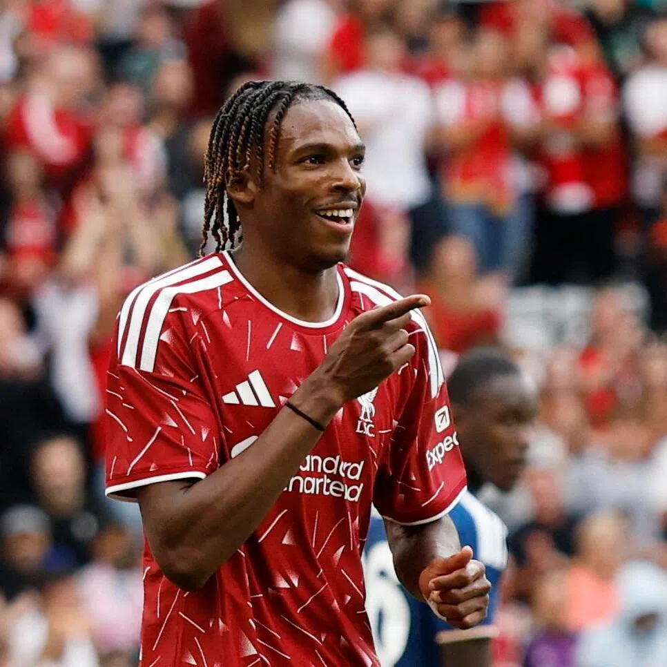 Liverpool’s Jeremy Jacquet celebrates scoring their first goal against Como.