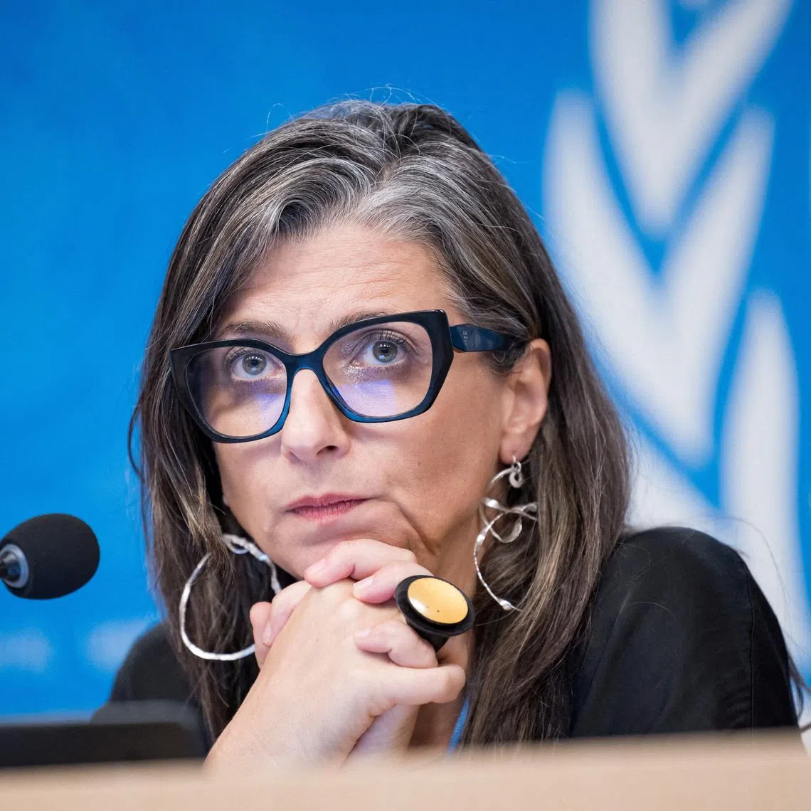 FILE PHOTO: United Nations Special Rapporteur on the situation of human rights in the occupied Palestinian territory, Francesca Albanese, attends a press conference at the European headquarters of the UN in Geneva, Switzerland, September 15, 2025. REUTERS/Pierre Albouy/File Photo