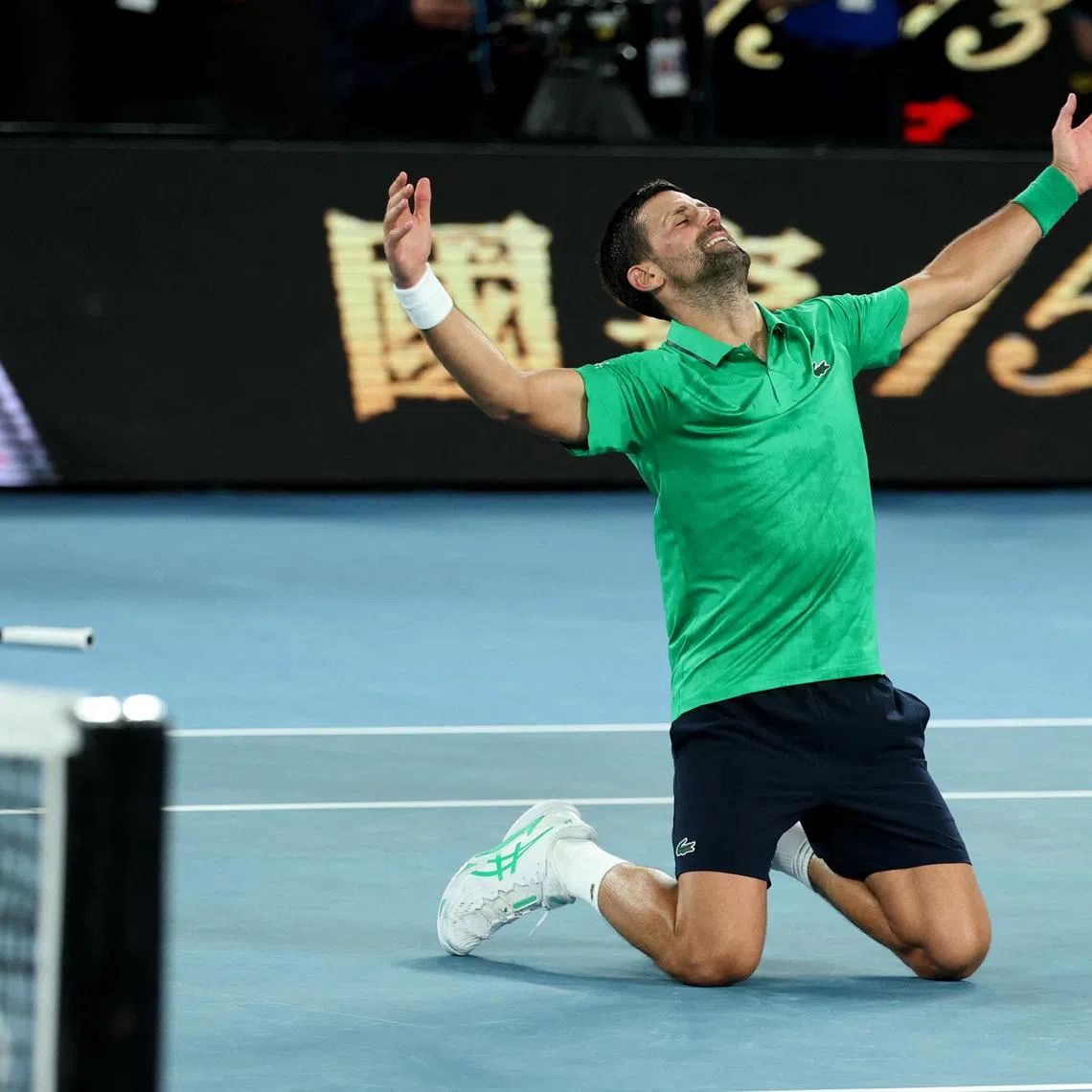 Tennis - Australian Open - Melbourne Park, Melbourne, Australia - January 31, 2026 Serbia's Novak Djokovic celebrates winning his semi final match against Italy's Jannik Sinner REUTERS/Edgar Su