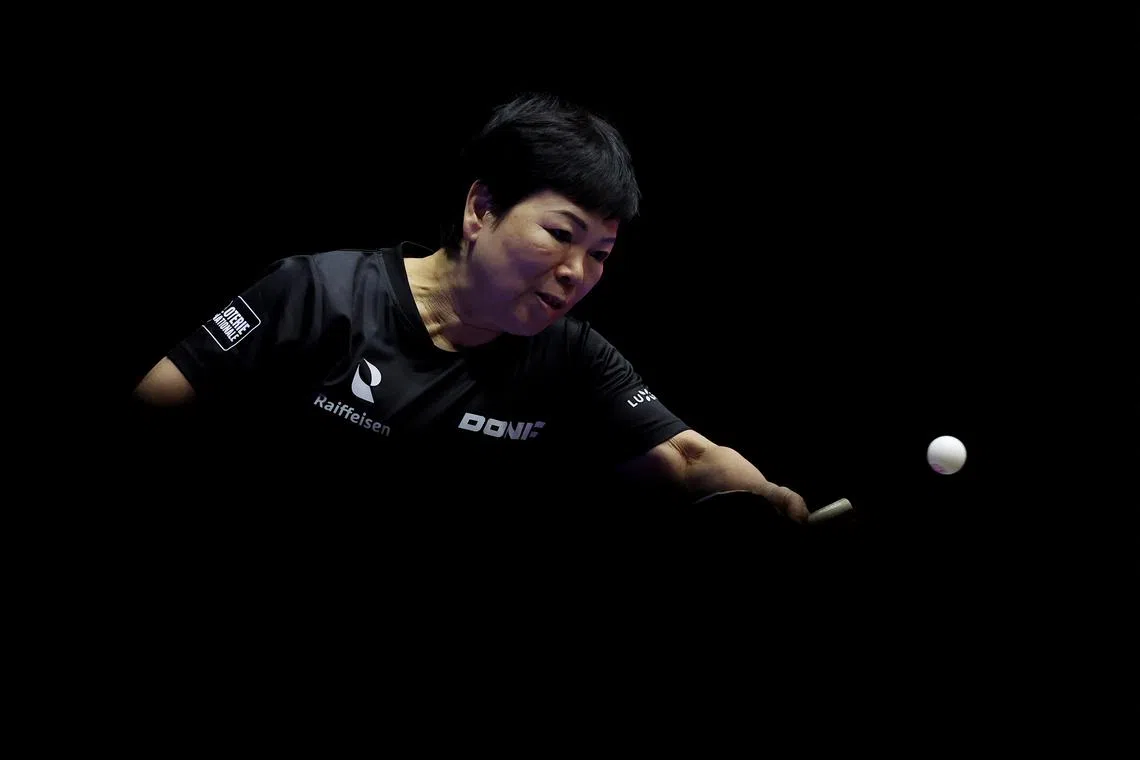 FILE PHOTO: Table Tennis - ITTF World Team Table Tennis Championships Finals Busan 2024 - Busan Exhibition and Convention Centre, Busan, South Korea - February 16, 2024 Luxembourg's Ni Xialian in action during the women's singles group stage match against Japan's Miwa Harimoto REUTERS/Kim Hong-Ji/File Photo