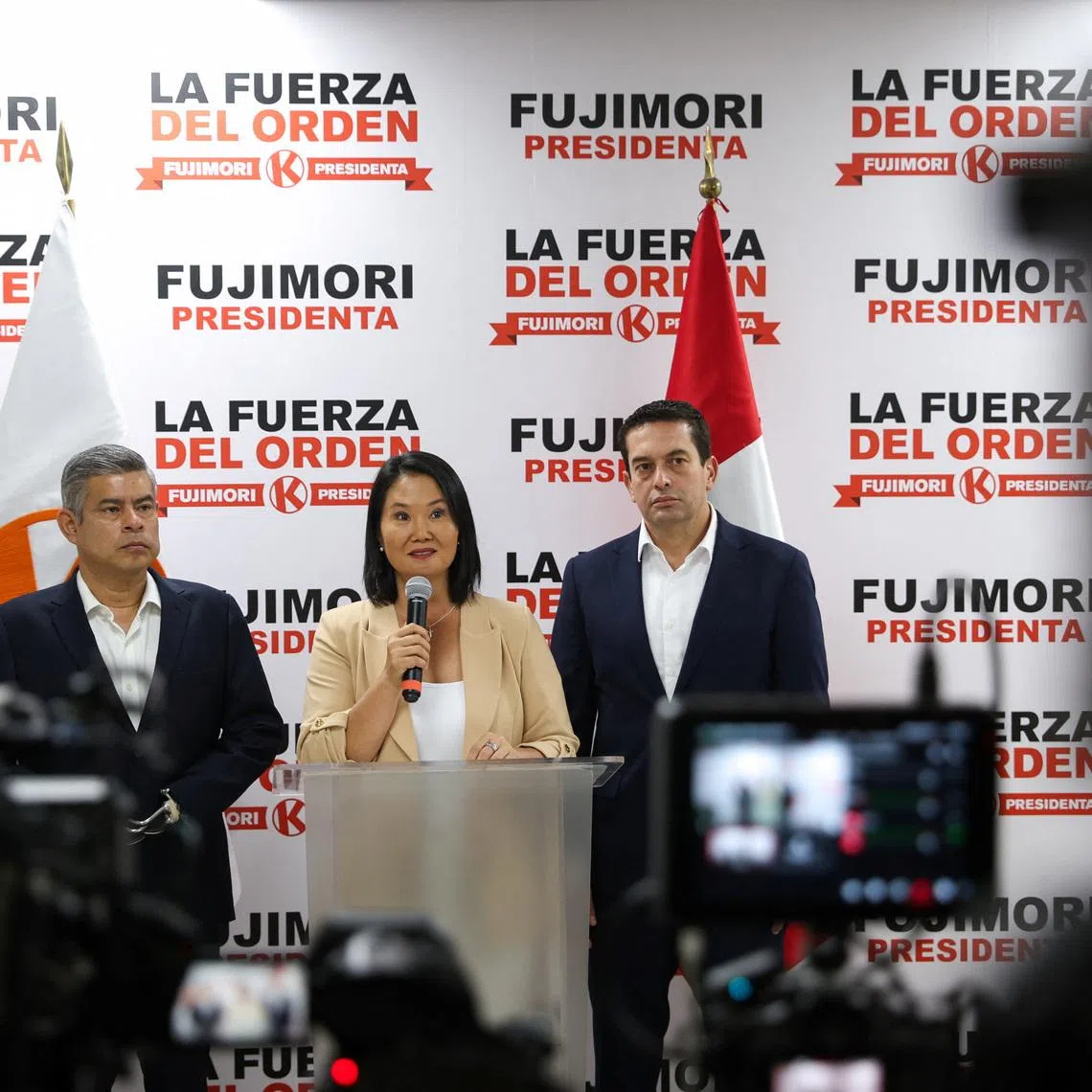 Popular Force presidential candidate Keiko Fujimori holds a press conference after the National Jury of Elections (JNE) announced that she will advance to a runoff election on June 7, in which she will compete for the presidency of Peru against candidate Roberto Sanchez of the Juntos por el Peru party, in Lima, Peru, May 17, 2026. REUTERS/Alessandro Cinque