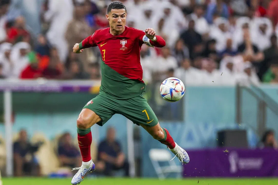 Cristiano Ronaldo of Portugal in action during the World Cup 2022 round of 16 soccer match between Portugal and Switzerland at Lusail Stadium in Lusail, Qatar. He was dropped to the bench for the 6-1 win.