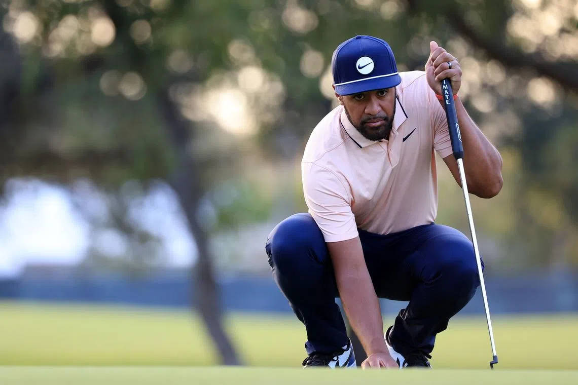 Tony Finau of the United States lines up a putt on the eighth green during the first round of the Cadence Bank Houston Open at Memorial Park Golf Course on Nov 10.
