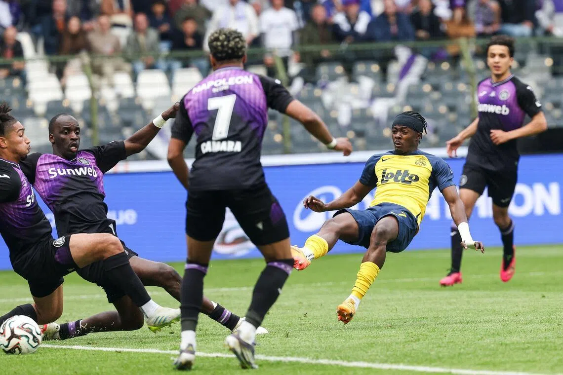 Royale Union Saint-Gilloise's Ghanaian forward Mohammed Fuseini putting them 2-1 up in extra time during the Belgian "Croky Cup" football final against RSC Anderlecht in Brussels on May 14, 2026. Union won 3-1.