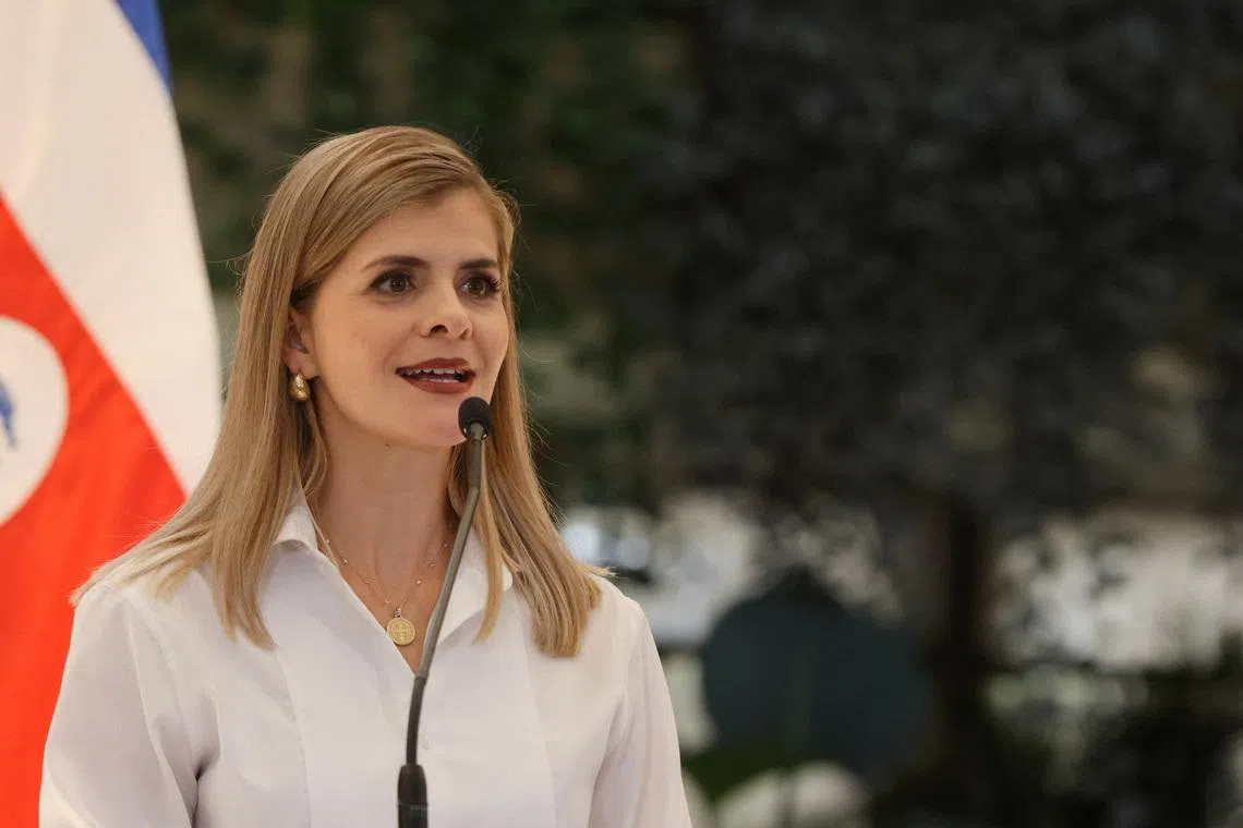 FILE PHOTO: Costa Rica's president-elect Laura Fernandez takes part at a press conference with  President Rodrigo Chaves  at the presidential house, in San Jose, Costa Rica, February 4, 2026. REUTERS/Mayela Lopez/File Photo