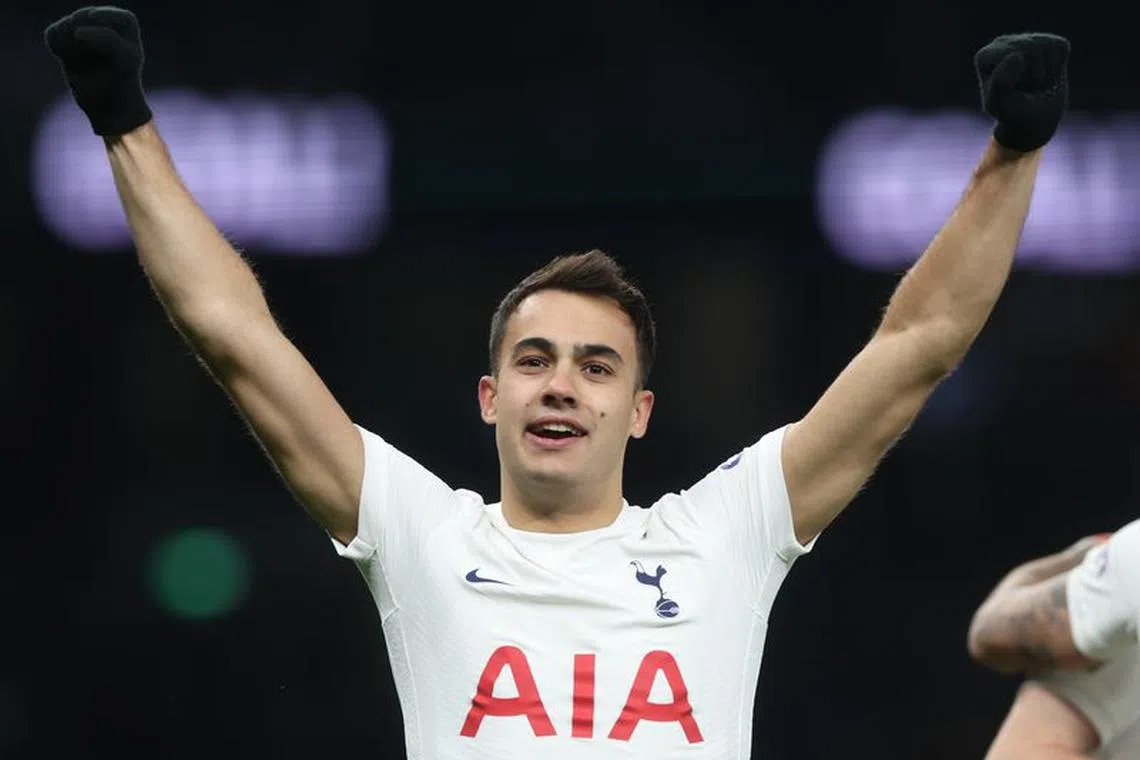 Soccer Football - Premier League - Tottenham Hotspur v Everton - Tottenham Hotspur Stadium, London, Britain - March 7, 2022 Tottenham Hotspur's Sergio Reguilon celebrates scoring their fourth goal Action Images via Reuters/Matthew Childs/File Photo