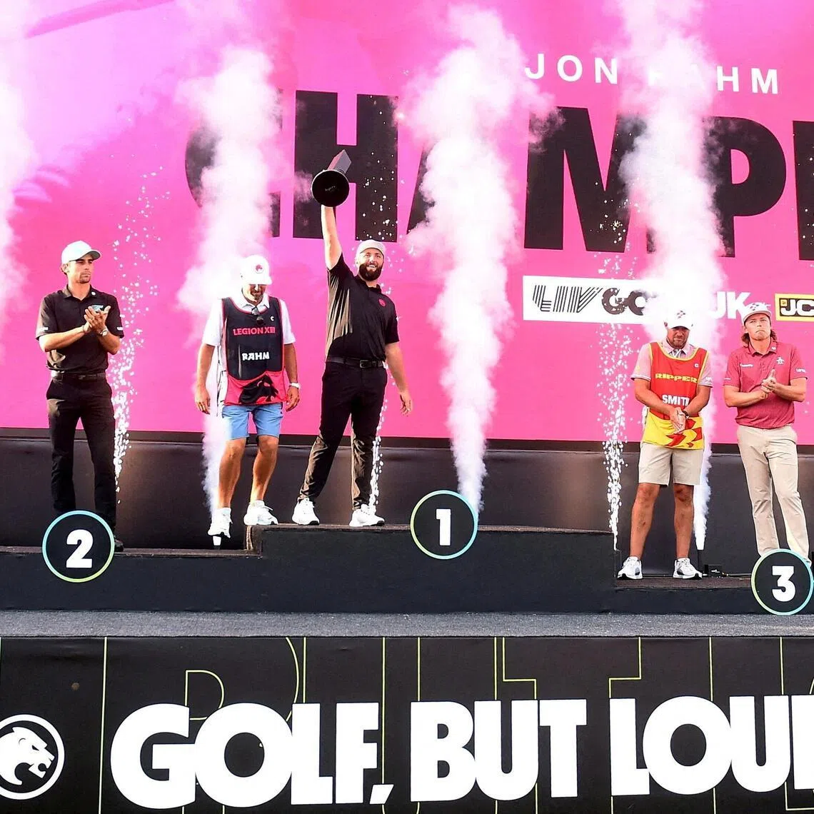 Jon Rahm lifting the trophy after winning LIV Golf United Kingdom on July 28, 2024. The tour has since been thrown into uncertainty after the Saudi Arabia Public Investment Fund said it will stop its backing in 2026.