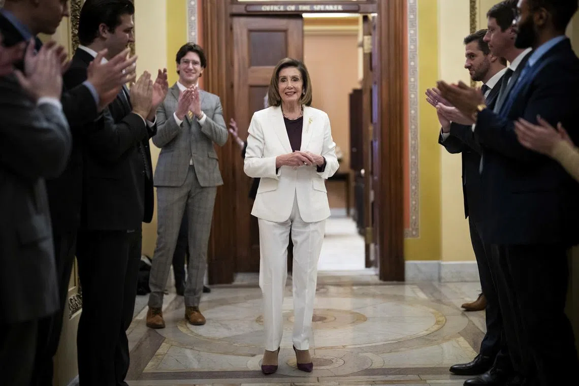 House Speaker Nancy Pelosi (D-Calif.) is greeted by staff after she announced that she would step down from her leadership position, on Capitol Hill in Washington on Thursday, Nov. 17, 2022. Pelosi, the face of House Democrats for two decades and the first woman to serve in the post, announced on Thursday that she would leave leadership in January following narrow election losses that cost Democrats their majority, but will remain in Congress. (Erin Schaff/The New York Times)