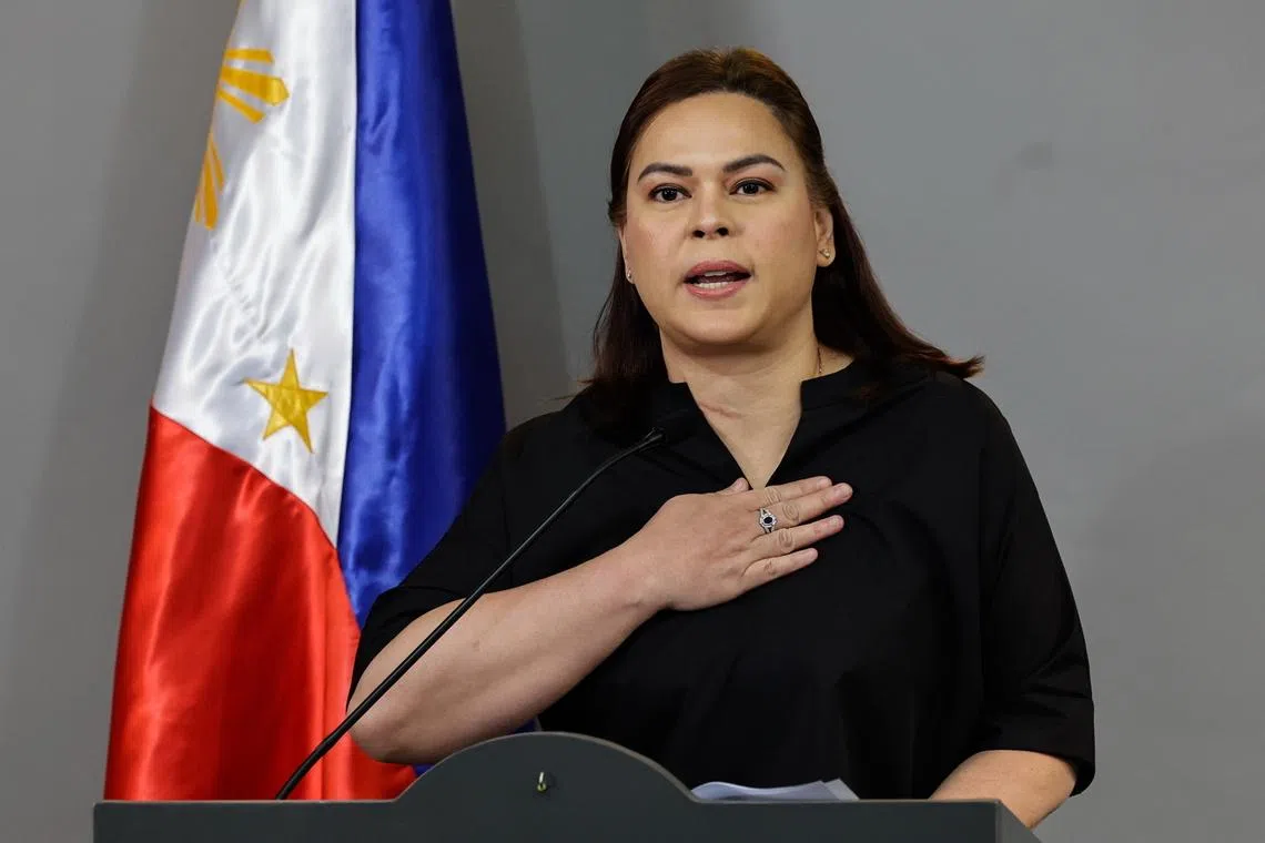 epa12752387 Philippine Vice President Sara Duterte delivers a statement during a press conference at her office in Mandaluyong City, Metro Manila, Philippines, 18 February 2026. Duterte announced she would run for president in the 2028 national elections.  EPA/ROLEX DELA PENA