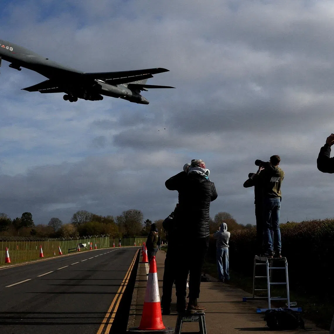 A USAF B-1 bomber approaches to land at RAF Fairford airbase in Gloucestershire, Britain, on March 17.
