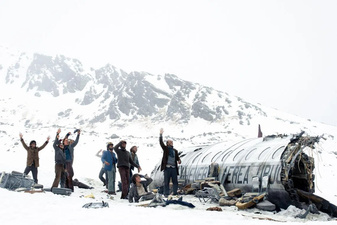 This production still shows a scene from the shooting of Netflix's movie Society Of The Snow.