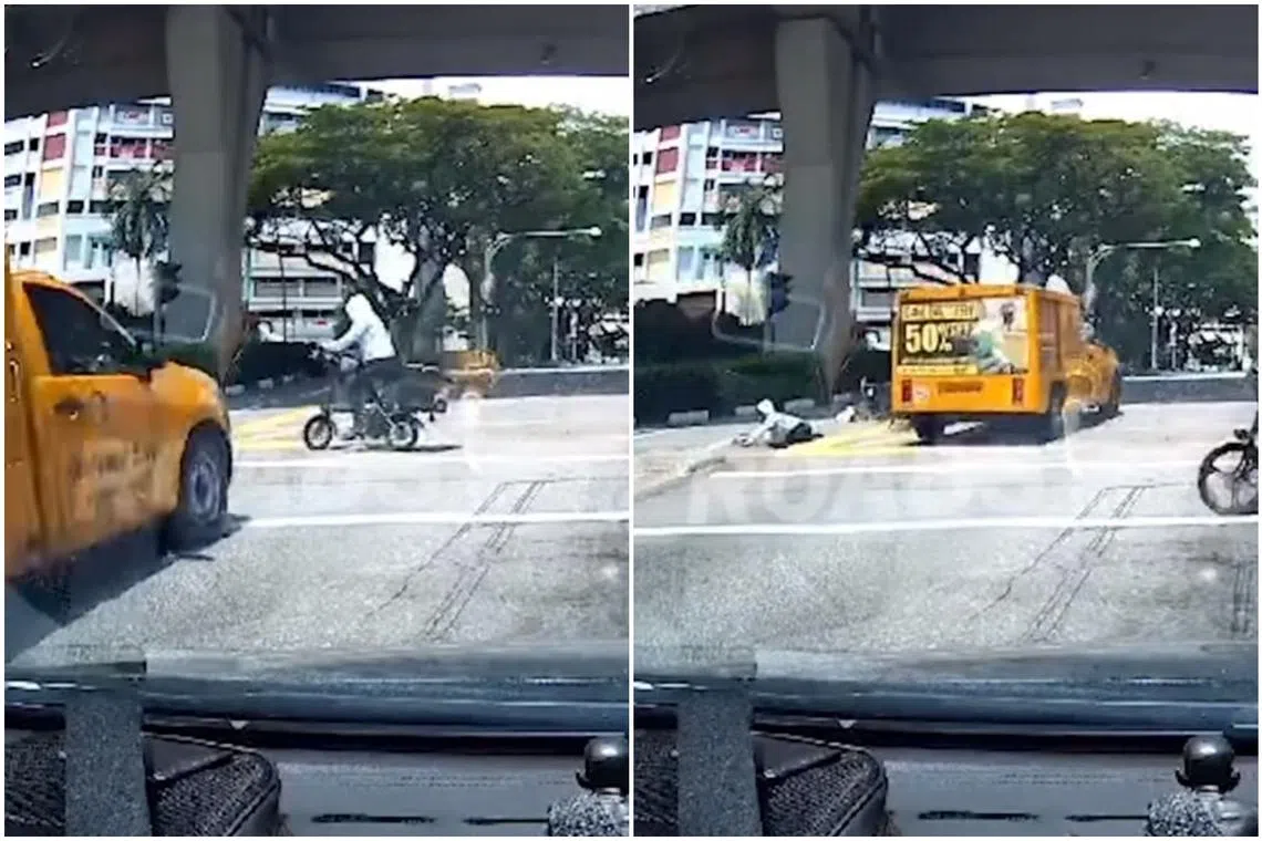 In a video, the woman can be seen riding her e-bike across a junction when a truck hits her vehicle and sends her flying.