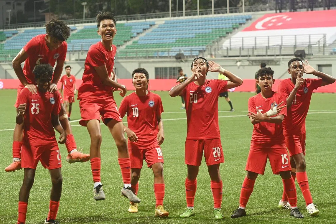 Nathan Mao (third from right) celebrates with his teammates after scoring a brace against Selangor FC during the Lion City Cup semi-final at Jalan Besar Stadium on Sept 1.

ST PHOTO: DESMOND WEE
