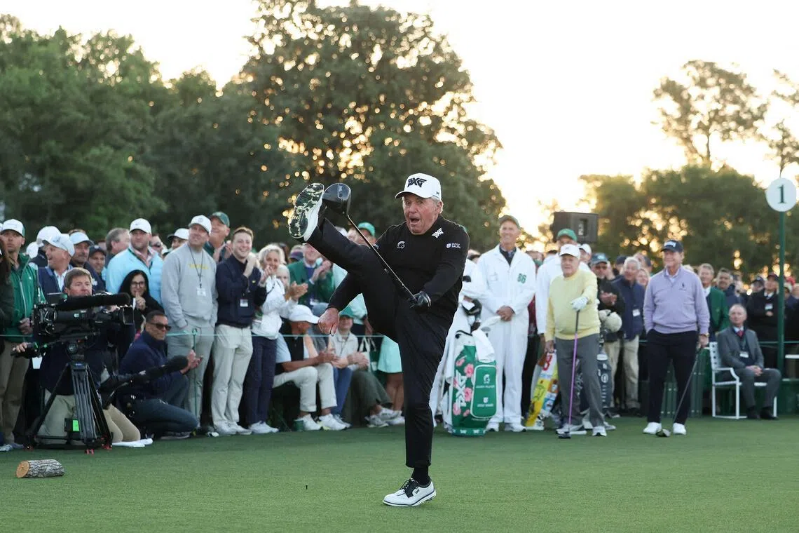 Honorary Starter Gary Player of South Africa reacting after his shot on the first tee during the first round of the 2026 Masters Tournament at Augusta National Golf Club on April 9, 2026, in Augusta, Georgia.