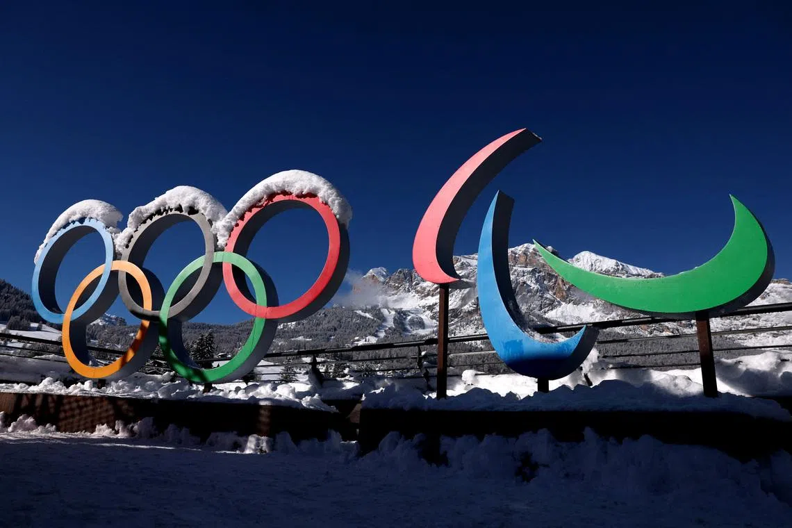 FILE PHOTO: Milano Cortina 2026 Winter Olympics - Previews - Cortina d'Ampezzo, Italy - January 26, 2026 General view of the Olympic rings and the Paralympics Agitos logo ahead of the Milano Cortina 2026 Winter Olympics REUTERS/Claudia Greco/File Photo